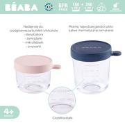 Beaba, Zestaw pojemników słoiczków szklanych z hermetycznym zamknięciem 150 + 250 ml pink i dark blue
