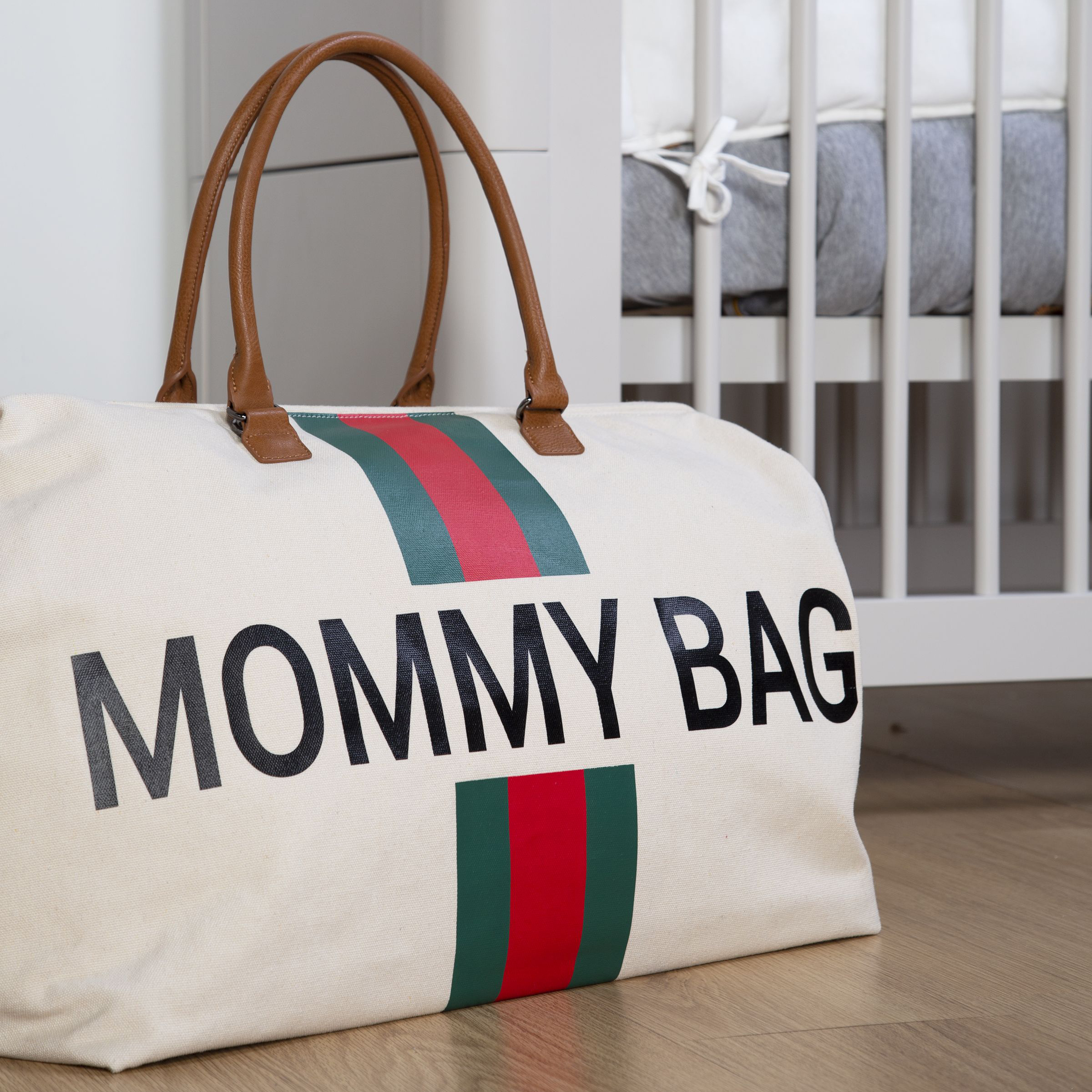 Childhome, Torba Mommy Bag beżowa paski zielono-czerwone Childhome, Torba Mommy Bag beżowa paski zielono-czerwone