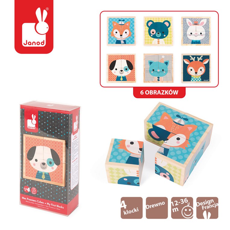 Janod, klocki drewniane Puzzle 6w1 Las