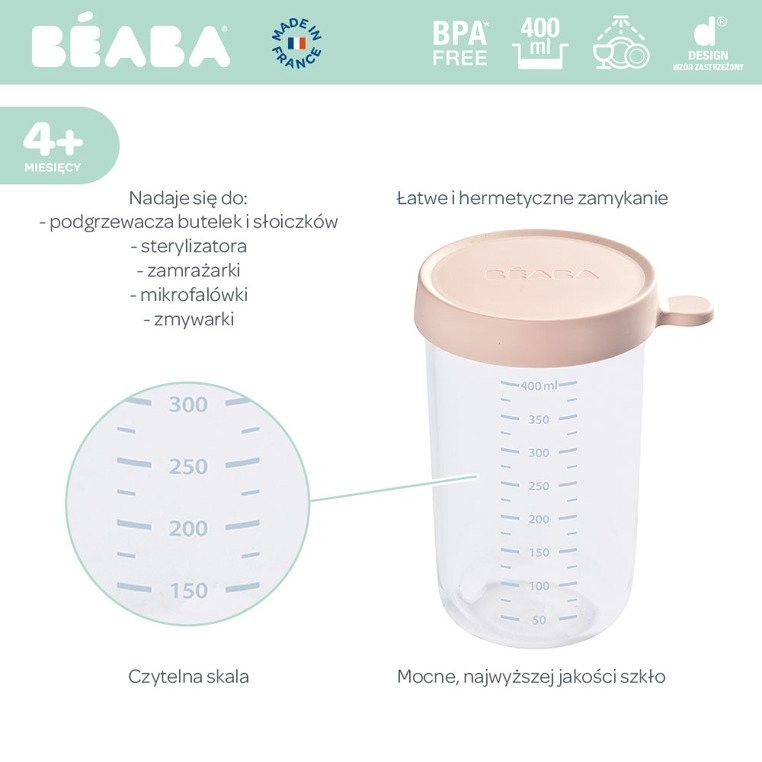 Beaba, Pojemnik słoiczek szklany z hermetycznym zamknięciem 400 ml pink