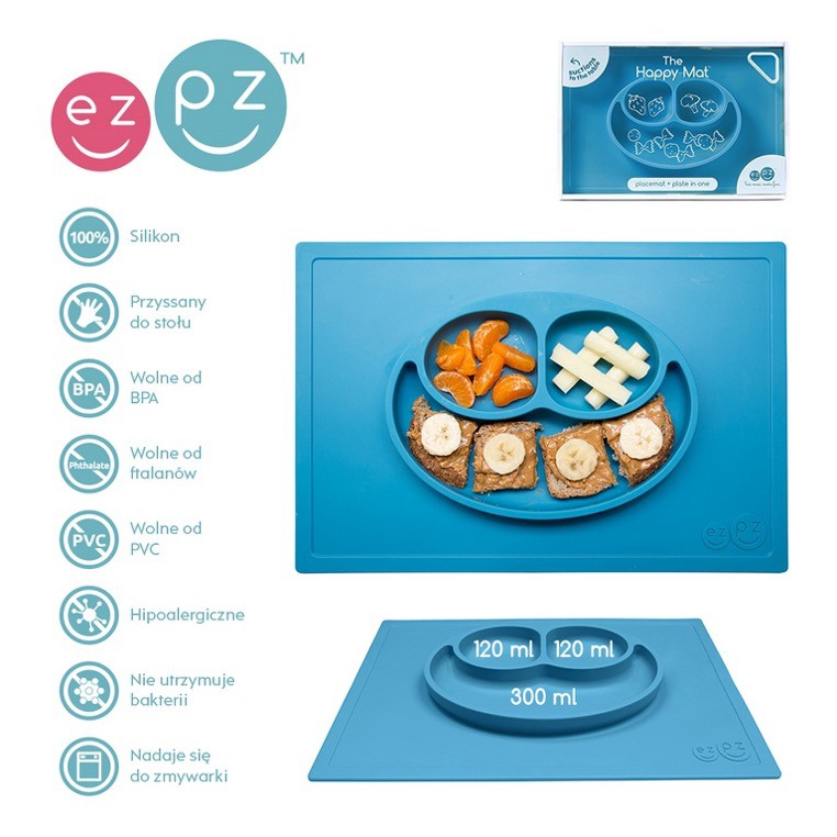 EZPZ, silikonowy talerzyk z podkładką 2w1 Happy Mat niebieski EZPZ, silikonowy talerzyk z podkładką 2w1 Happy Mat niebieski