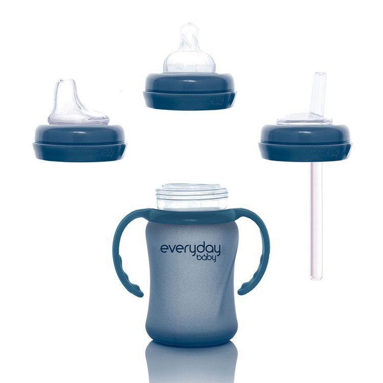 Everyday Baby, Szklana butelka ze smoczkiem S reagująca na temperaturę, 150 ml - borówkowa