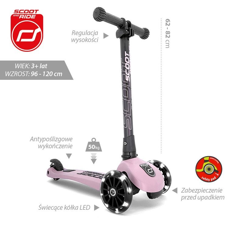Scootandride, Highwaykick 3 LED Hulajnoga składana ze świecącymi kółkami 3+ Rose Scootandride, Highwaykick 3 LED Hulajnoga składana ze świecącymi kółkami 3+ Rose