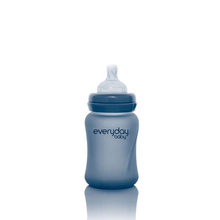 Everyday Baby, Szklana butelka ze smoczkiem S reagująca na temperaturę, 150 ml - borówkowa