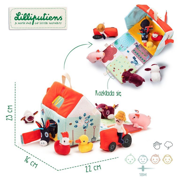 Lilliputiens, Rozkładany domek Farma z 6 zwierzątkami, rolnikiem i traktorem 18 m+ Lilliputiens, Rozkładany domek Farma z 6 zwierzątkami, rolnikiem i traktorem 18 m+