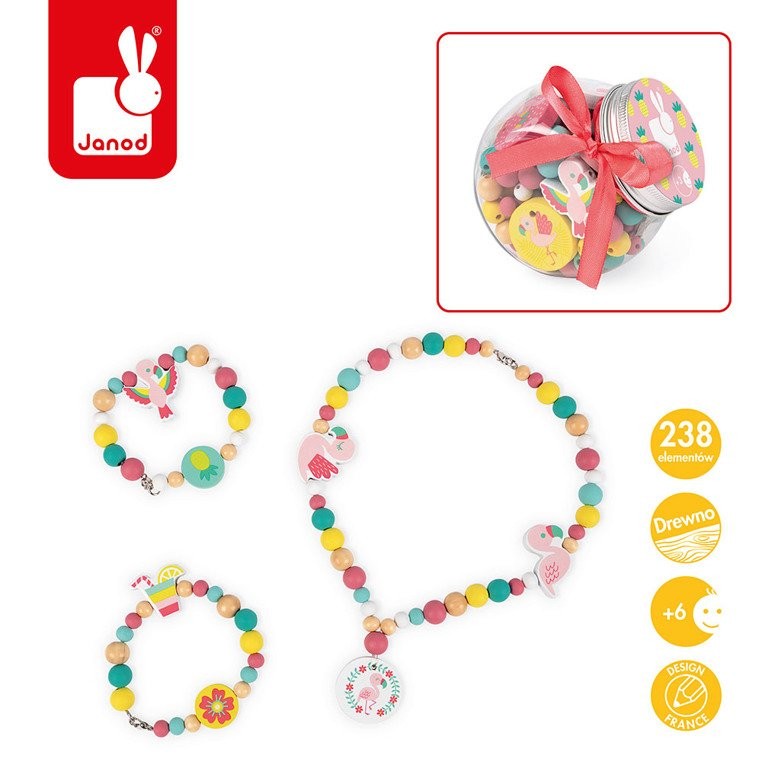 Janod, Zestaw do tworzenia biżuterii Drewniane koraliki Flamingi