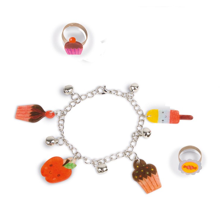 Janod, Zestaw artystyczny do tworzenia biżuterii z kurczliwego plastiku Słodkości