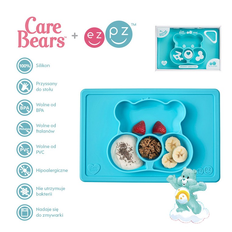 EZPZ, Silikonowy talerzyk z podkładką 2w1 Care Bears™ Mat Misia Życzliwe Serce Wish Bear turkusowy EZPZ, Silikonowy talerzyk z podkładką 2w1 Care Bears™ Mat Misia Życzliwe Serce Wish Bear turkusowy