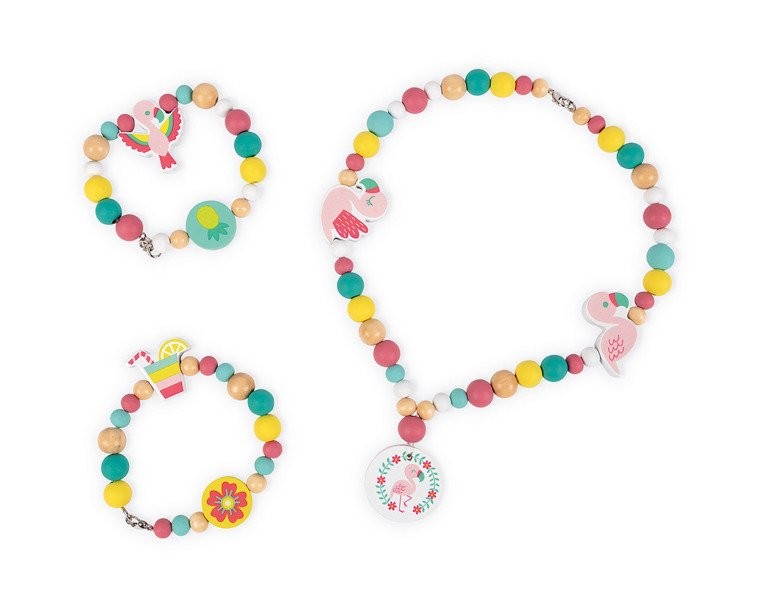 Janod, Zestaw do tworzenia biżuterii Drewniane koraliki Flamingi