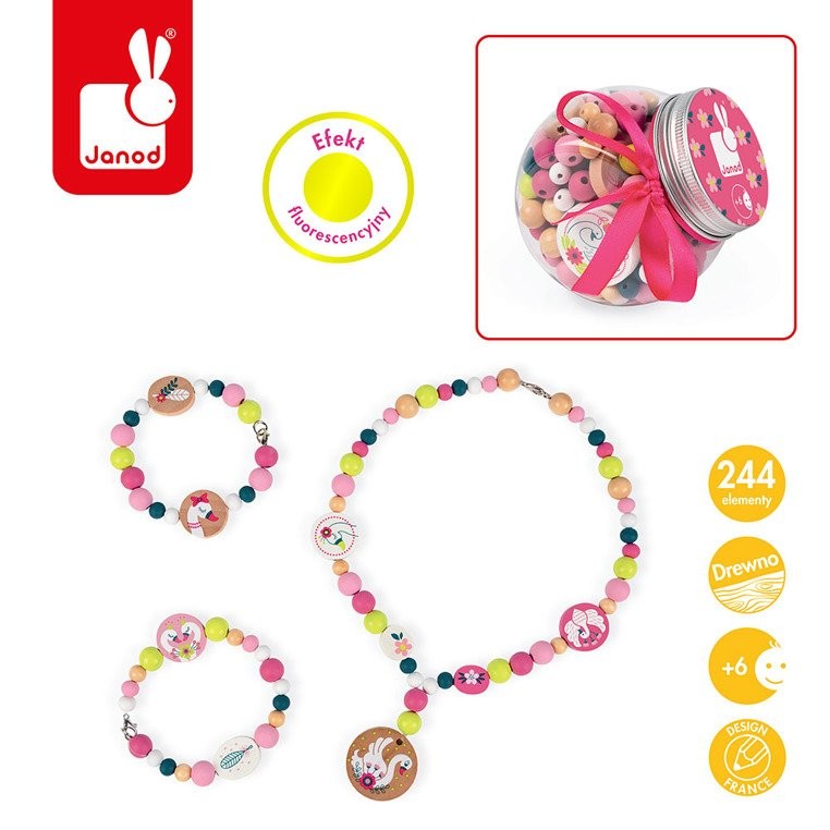 Janod, Zestaw do tworzenia biżuterii Drewniane koraliki z elementami fluorescencyjnymi Łabędzie