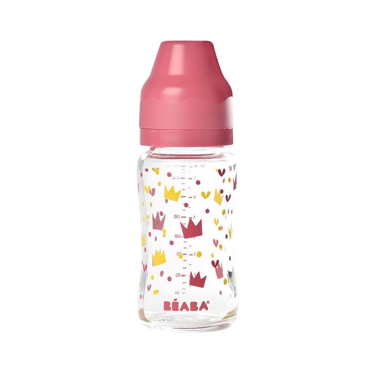 Beaba, Butelka szklana szerokootworowa 240 ml Yellow / Pink Crown Beaba, Butelka szklana szerokootworowa 240 ml Yellow / Pink Crown