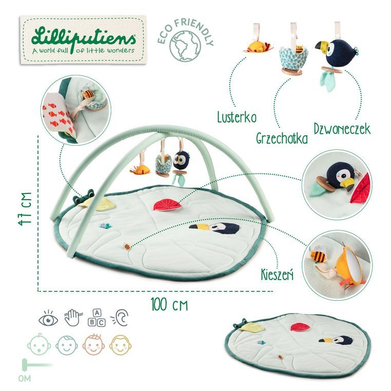 Lilliputiens, Mata edukacyjna wielofunkcyjna z pałąkami Dżungla 0 m+ Lilliputiens, Mata edukacyjna wielofunkcyjna z pałąkami Dżungla 0 m+