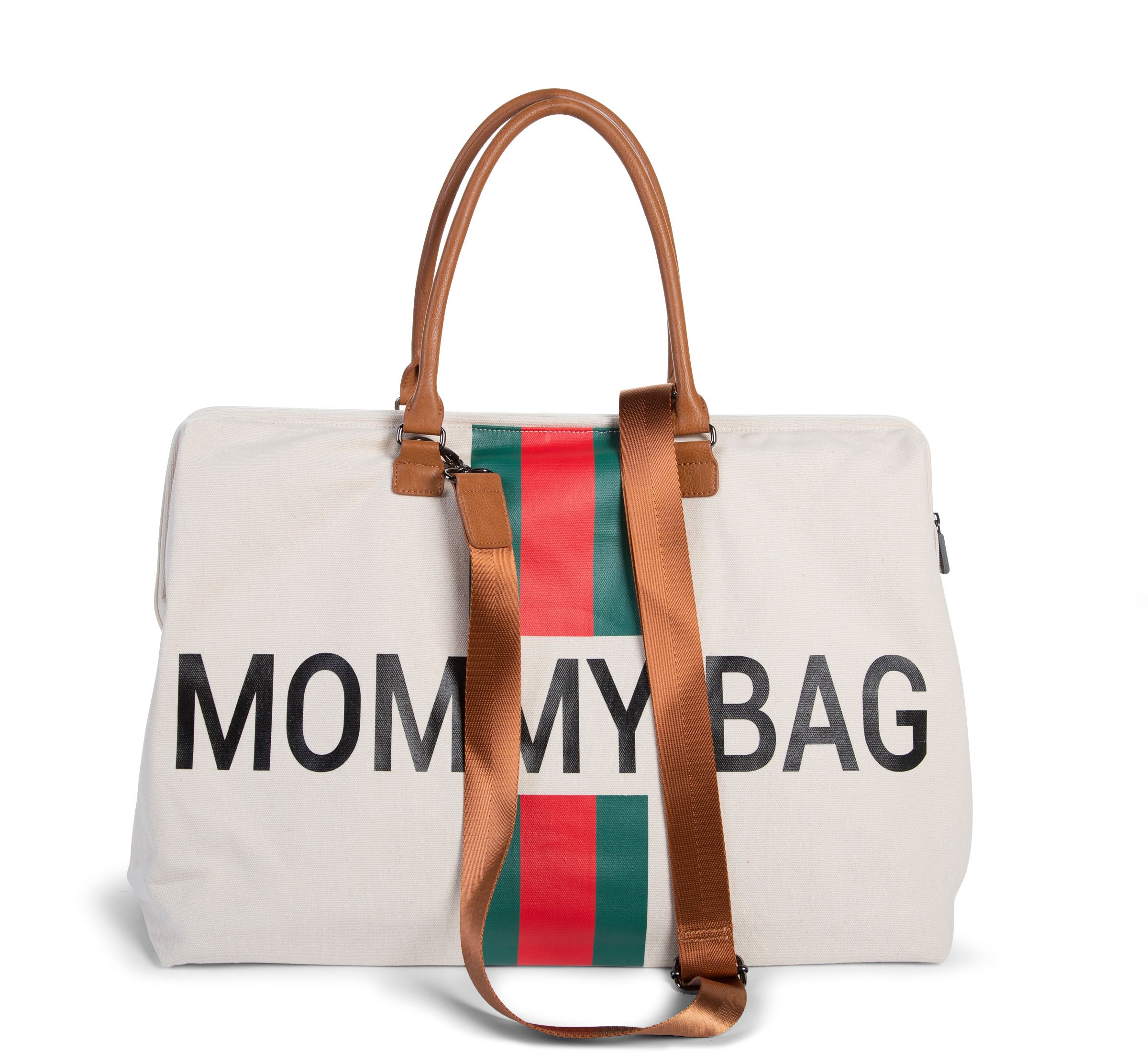 Childhome, Torba Mommy Bag beżowa paski zielono-czerwone Childhome, Torba Mommy Bag beżowa paski zielono-czerwone
