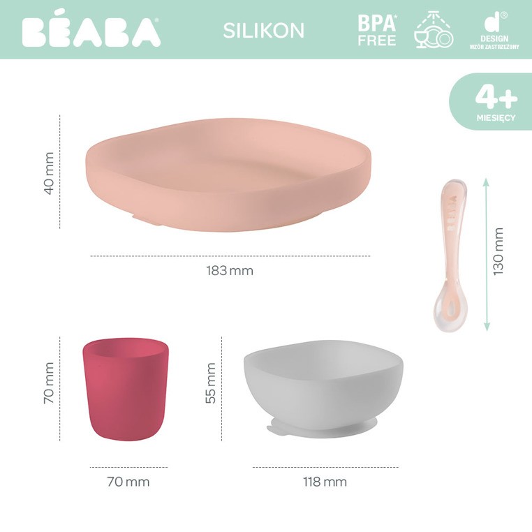 Beaba, Komplet naczyń z silikonu pink