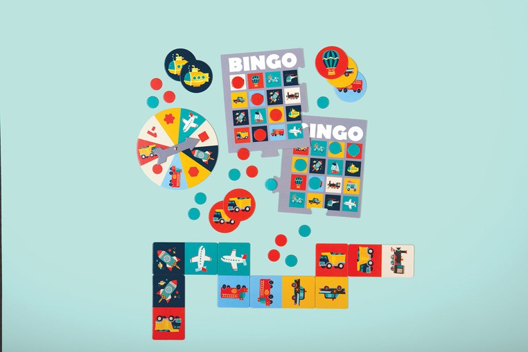 Mudpuppy, Zestaw 4 gier – Memo, Bingo, Domino i Koło fortuny Transport Mudpuppy, Zestaw 4 gier – Memo, Bingo, Domino i Koło fortuny Transport