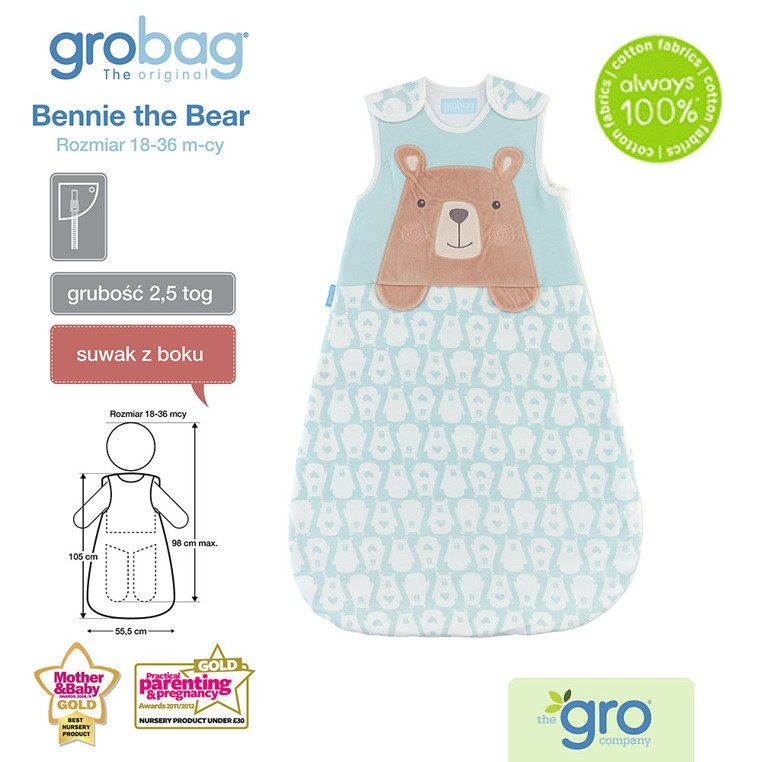 Gro Company, Śpiworek Grobag Bennie the Bear 2,5 tog 18-36 m-cy Gro Company, Śpiworek Grobag Bennie the Bear 2,5 tog 18-36 m-cy