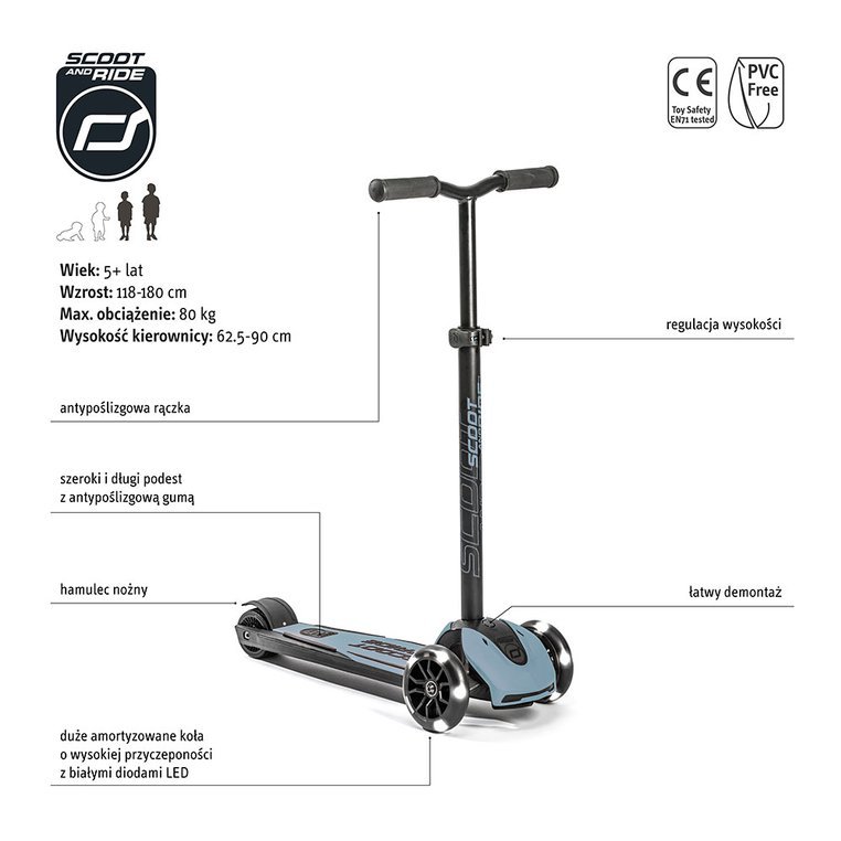 SCOOTANDRIDE Highwaykick 5 LED Hulajnoga trójkołowa balansowa ze świecącymi kółkami 5+ Steel SCOOTANDRIDE Highwaykick 5 LED Hulajnoga trójkołowa balansowa ze świecącymi kółkami 5+ Steel