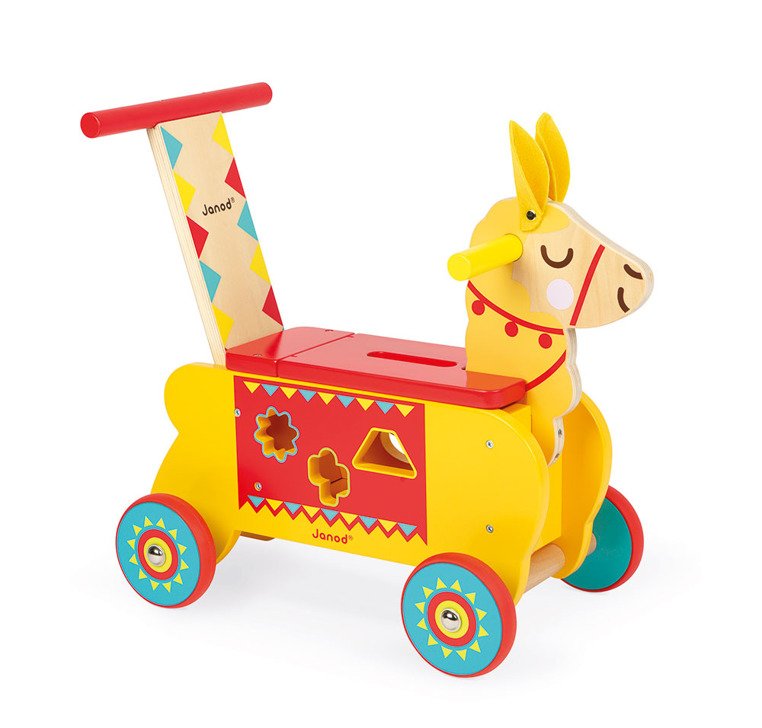 Janod, Jeździk i pchacz 2 w 1 z sorterem kształtów Lama Janod, Jeździk i pchacz 2 w 1 z sorterem kształtów Lama
