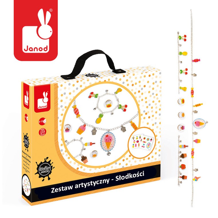 Janod, Zestaw artystyczny do tworzenia biżuterii z kurczliwego plastiku Słodkości