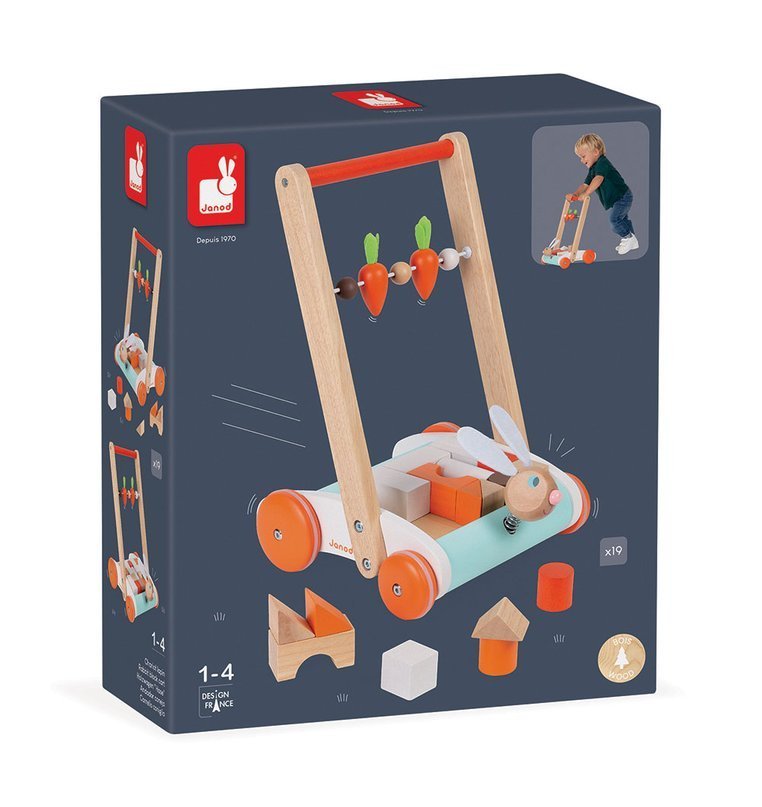 Janod, Wózek pchacz drewniany z 19 klockami Królik 1-4 lata Janod, Wózek pchacz drewniany z 19 klockami Królik 1-4 lata