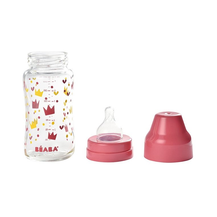 Beaba, Butelka szklana szerokootworowa 240 ml Yellow / Pink Crown Beaba, Butelka szklana szerokootworowa 240 ml Yellow / Pink Crown