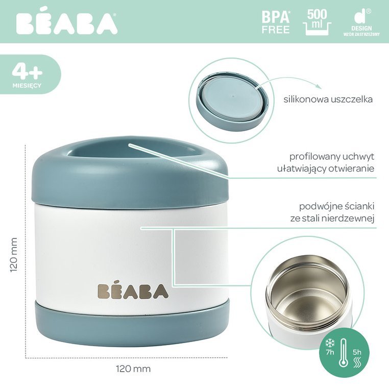 Beaba, Pojemnik - termos obiadowy ze stali nierdzewnej z hermetycznym zamknięciem duży 500 ml baltic blue/white