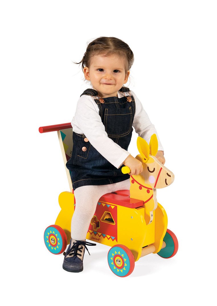 Janod, Jeździk i pchacz 2 w 1 z sorterem kształtów Lama Janod, Jeździk i pchacz 2 w 1 z sorterem kształtów Lama