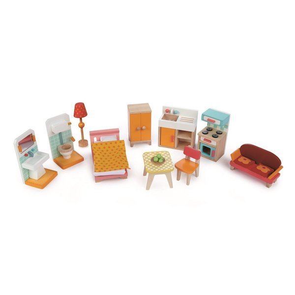 Tender Leaf Toys, Drewniany trzypiętrowy domek dla lalek z wyposażeniem