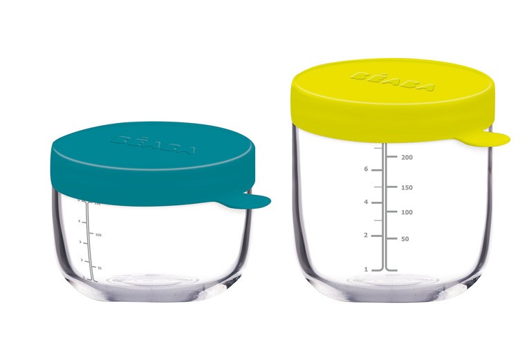 Beaba, Zestaw pojemników słoiczków szklanych z hermetycznym zamknięciem 150 i 250 ml blue i neon