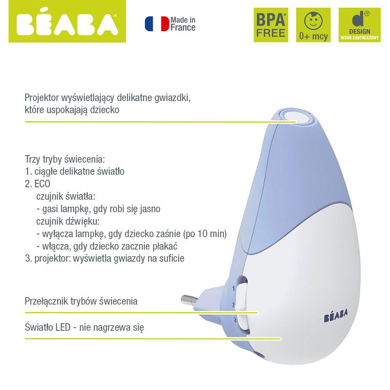 Beaba, Lampka nocna LED z projektorem gwiazd i czujnikiem płaczu i ruchu Pixie Star Mineral Beaba, Lampka nocna LED z projektorem gwiazd i czujnikiem płaczu i ruchu Pixie Star Mineral