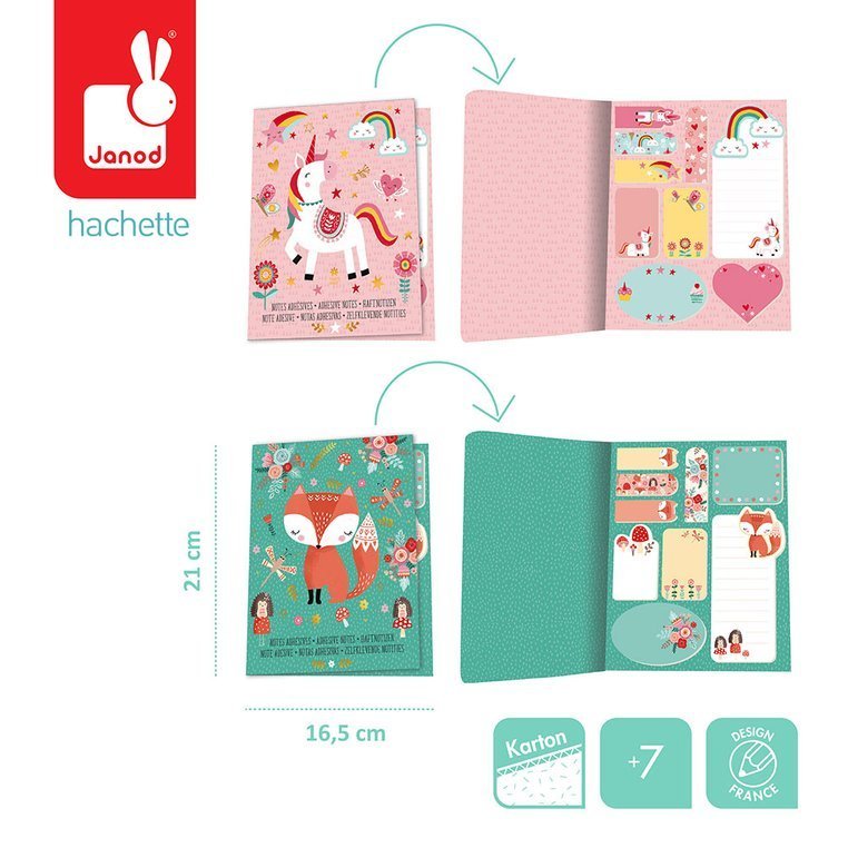 Janod,  samoprzylepne karteczki w notesie Lisek + Jednorożec 7+