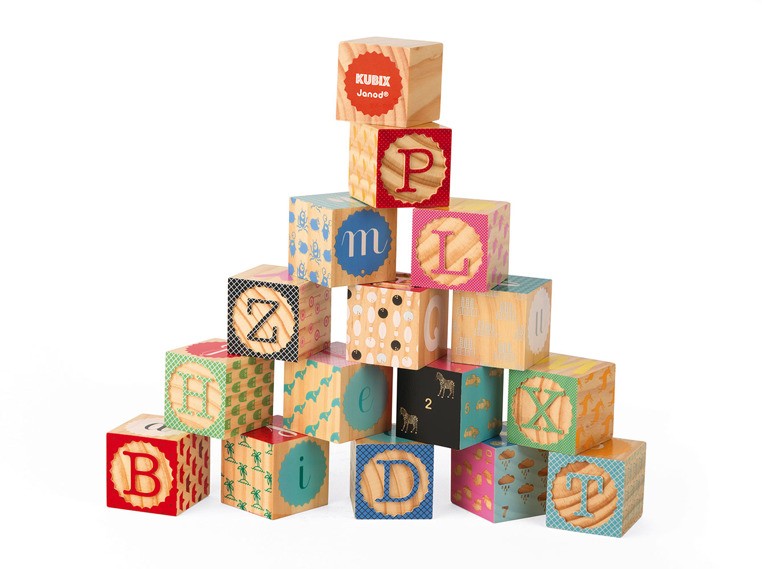 Janod, Klocki drewniane Kubix 16 sztuk Alfabet