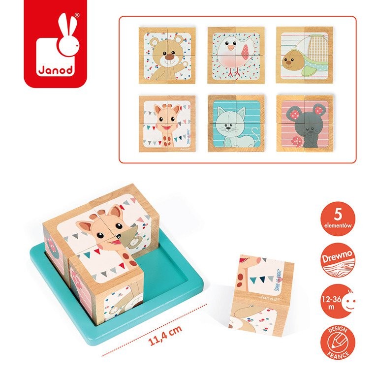 Janod, Klocki drewniane Puzzle 6w1 Żyrafka Sophie