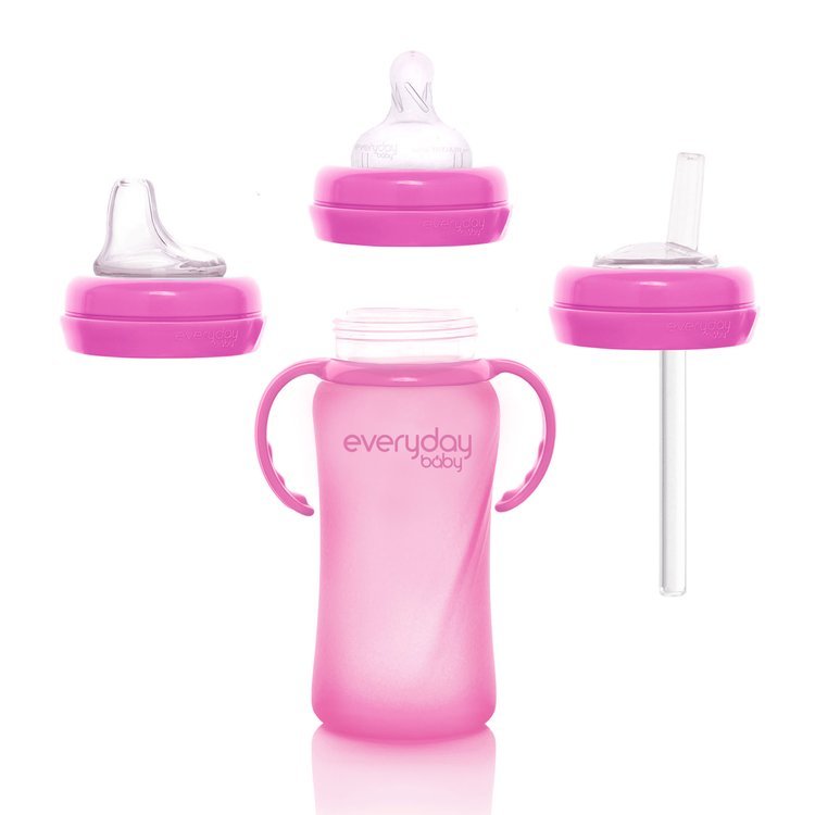 Everyday Baby, Szklana butelka ze smoczkiem M reagująca na temperaturę, 240 ml - wiśniowa Everyday Baby, Szklana butelka ze smoczkiem M reagująca na temperaturę, 240 ml - wiśniowa