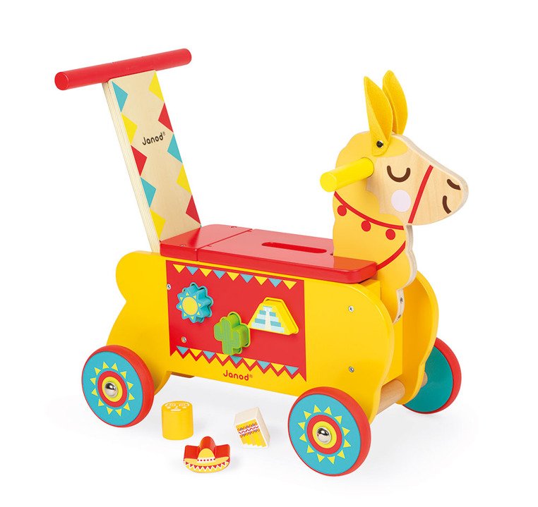 Janod, Jeździk i pchacz 2 w 1 z sorterem kształtów Lama Janod, Jeździk i pchacz 2 w 1 z sorterem kształtów Lama