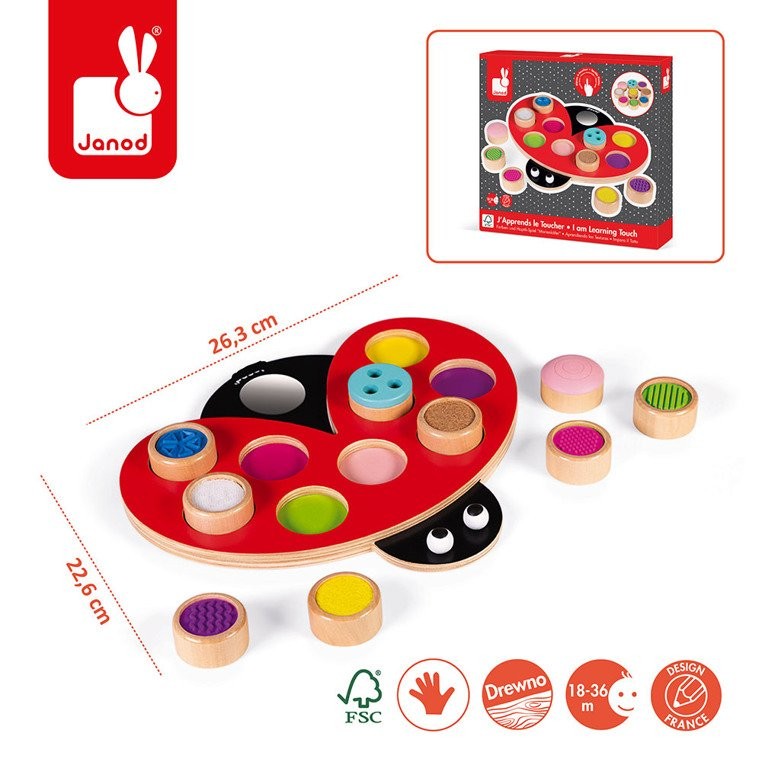 Janod, Układanka drewniana sensoryczna Uczę się przez dotyk Biedronka Janod, Układanka drewniana sensoryczna Uczę się przez dotyk Biedronka