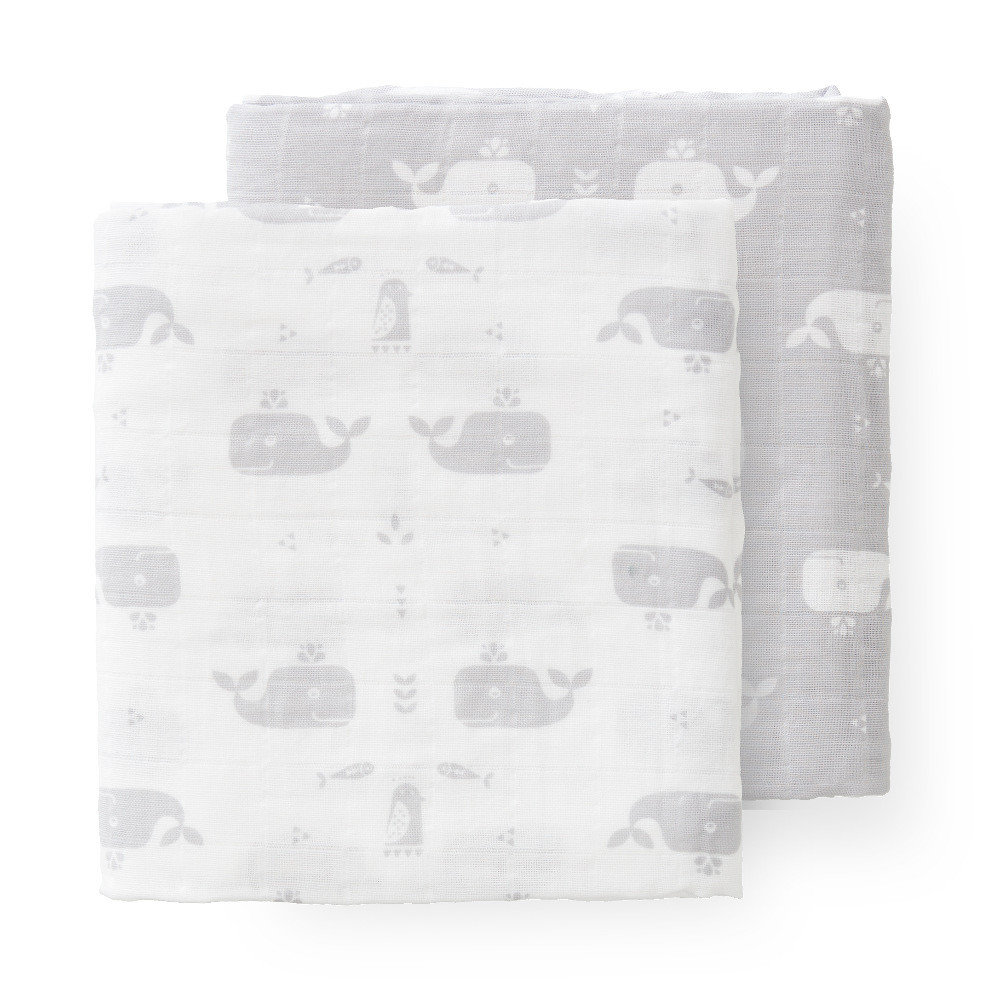Fresk, Pieluszki muślinowe zestaw 2 szt. 120 x 120 cm Wieloryb Dawn grey