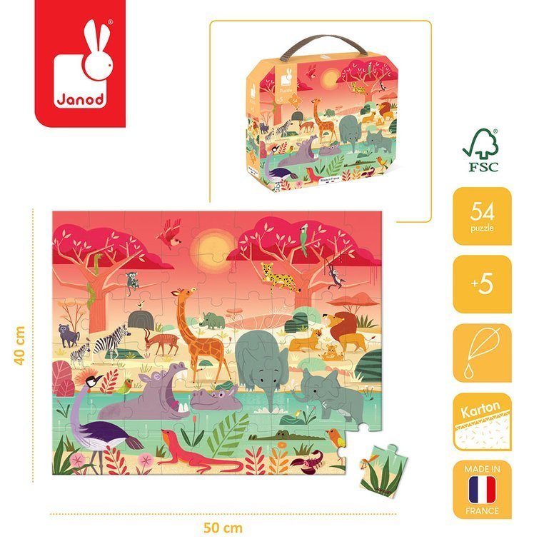 Janod, Puzzle w walizce Rezerwat zwierząt 54 elementy 5+ Janod, Puzzle w walizce Rezerwat zwierząt 54 elementy 5+