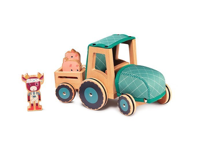 Lilliputiens, Drewniany traktor z przyczepą i 2 świnkami Krówka Rosalie 2 lata+
