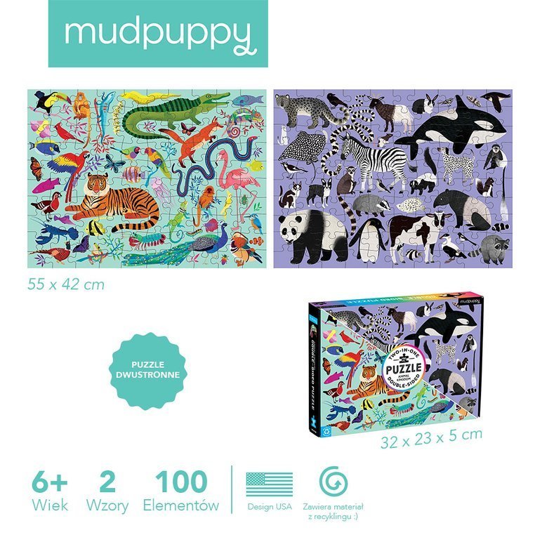 Mudpuppy, Puzzle dwustronne Królestwo zwierząt 100 elementów 6+ Mudpuppy, Puzzle dwustronne Królestwo zwierząt 100 elementów 6+