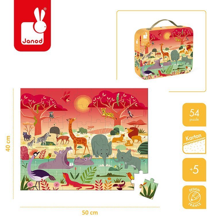 Janod, Puzzle w walizce Rezerwat zwierząt 54 elementy 5+ Janod, Puzzle w walizce Rezerwat zwierząt 54 elementy 5+