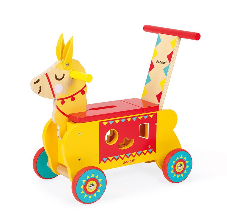 Janod, Jeździk i pchacz 2 w 1 z sorterem kształtów Lama Janod, Jeździk i pchacz 2 w 1 z sorterem kształtów Lama