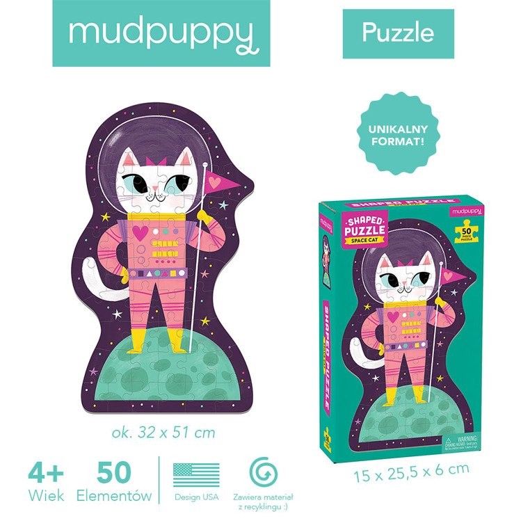 Mudpuppy, Puzzle w kształcie postaci Kotka w kosmosie 50 elementów 4+ Mudpuppy, Puzzle w kształcie postaci Kotka w kosmosie 50 elementów 4+