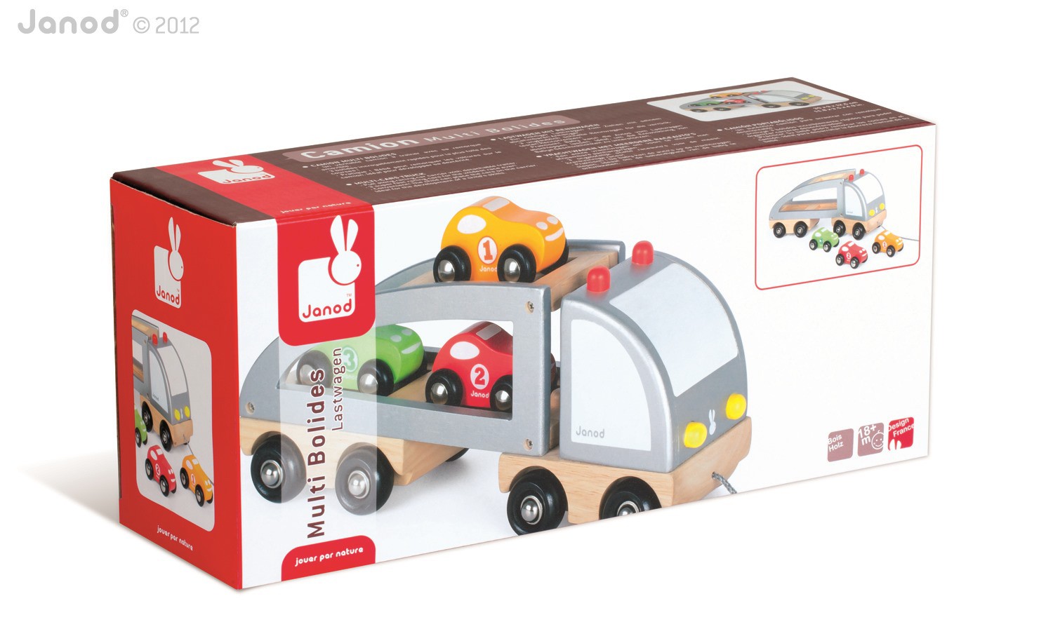 Janod, samochód drewniany laweta do ciągnięcia,