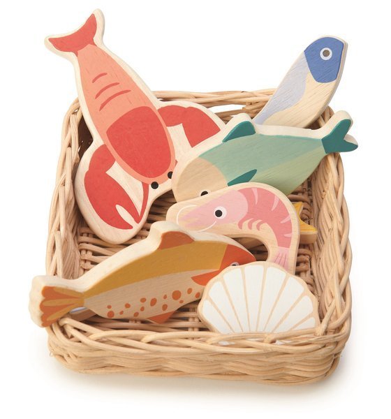 Tender Leaf Toys, Wiklinowy koszyk z rybami i owocami morza