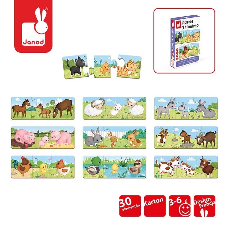 Janod, Trzyczęściowe puzzle Zwierzęta i ich dzieci 30 elementów Janod, Trzyczęściowe puzzle Zwierzęta i ich dzieci 30 elementów