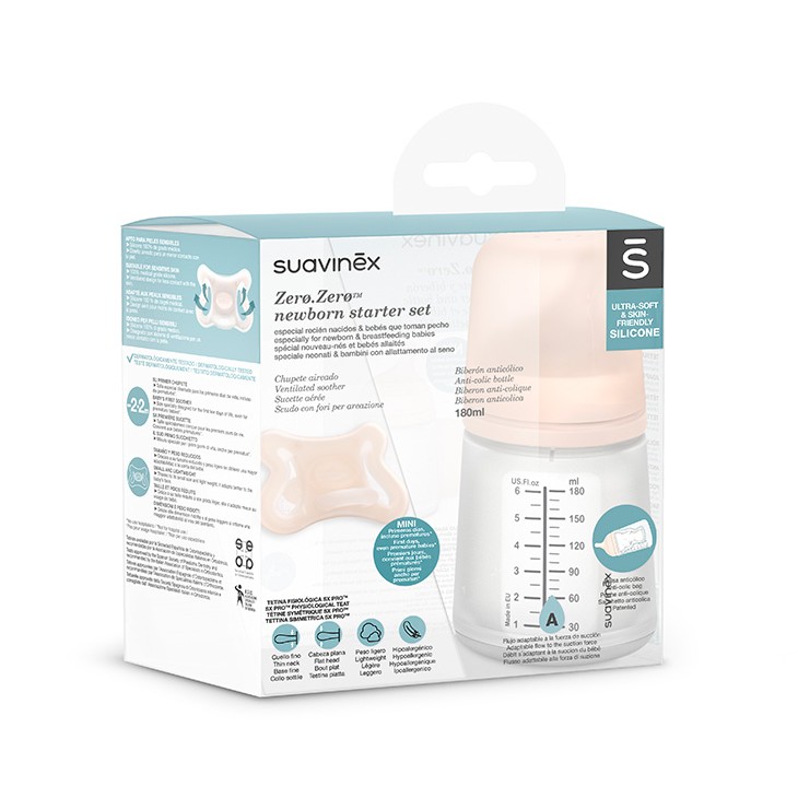 Suavinex, Zestaw startowy Zero - Butelka 180ml regulowany przepływ + smoczek -2-2M Suavinex, Zestaw startowy Zero - Butelka 180ml regulowany przepływ + smoczek -2-2M