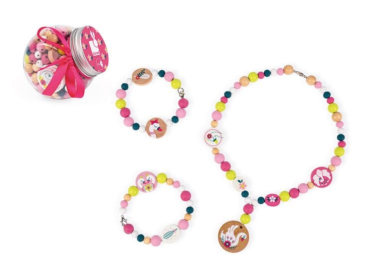 Janod, Zestaw do tworzenia biżuterii Drewniane koraliki z elementami fluorescencyjnymi Łabędzie