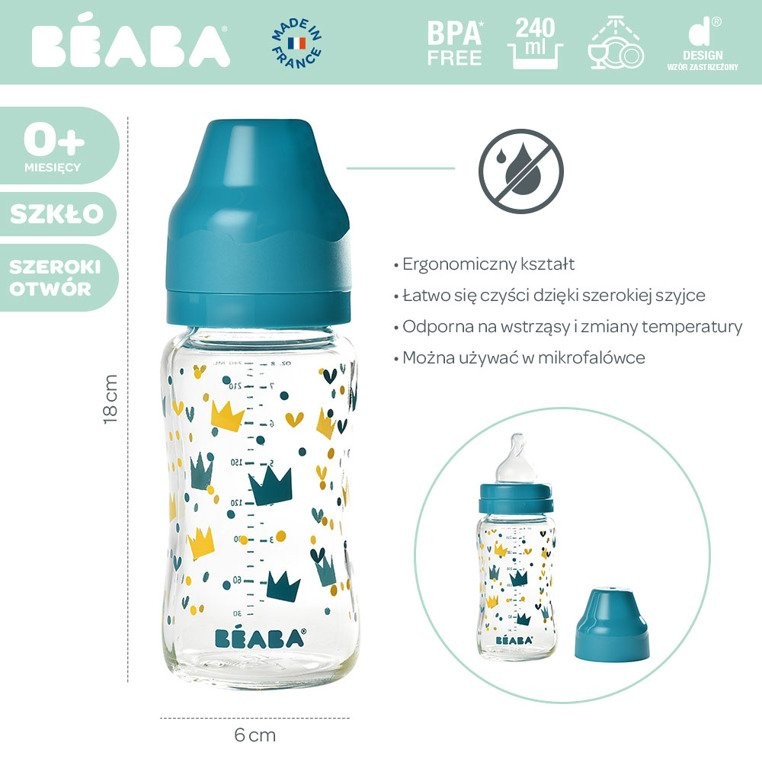Beaba, Butelka szklana szerokootworowa 240 ml Yellow / Blue Crown Beaba, Butelka szklana szerokootworowa 240 ml Yellow / Blue Crown