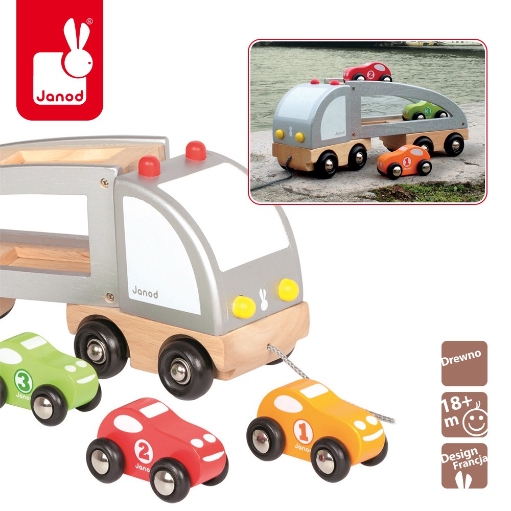 Janod, samochód drewniany laweta do ciągnięcia,